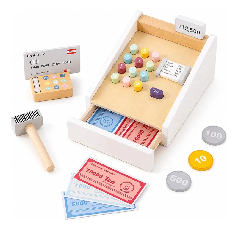 CAJA REGISTRADORA DE MADERA PARA NIÑOS CON DINERO JUGUETE EDUCATIVO - 2