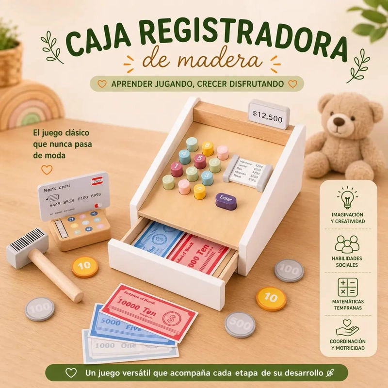 CAJA REGISTRADORA DE MADERA PARA NIÑOS CON DINERO JUGUETE EDUCATIVO - 3