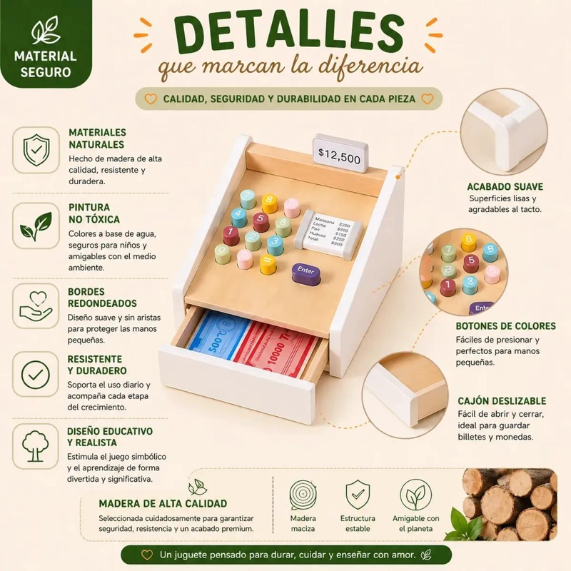 CAJA REGISTRADORA DE MADERA PARA NIÑOS CON DINERO JUGUETE EDUCATIVO - 4
