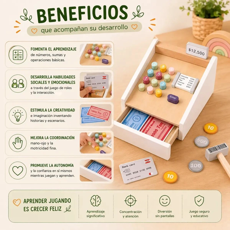 CAJA REGISTRADORA DE MADERA PARA NIÑOS CON DINERO JUGUETE EDUCATIVO - 5