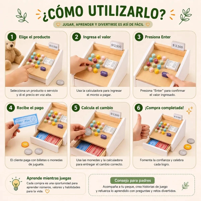 CAJA REGISTRADORA DE MADERA PARA NIÑOS CON DINERO JUGUETE EDUCATIVO - 6