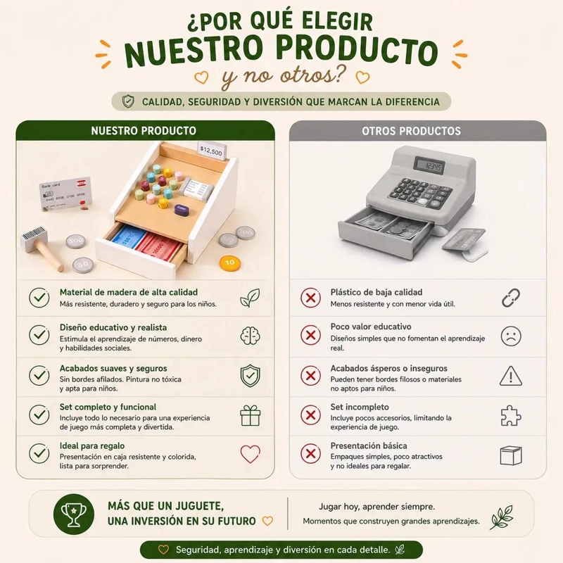 CAJA REGISTRADORA DE MADERA PARA NIÑOS CON DINERO JUGUETE EDUCATIVO - 7