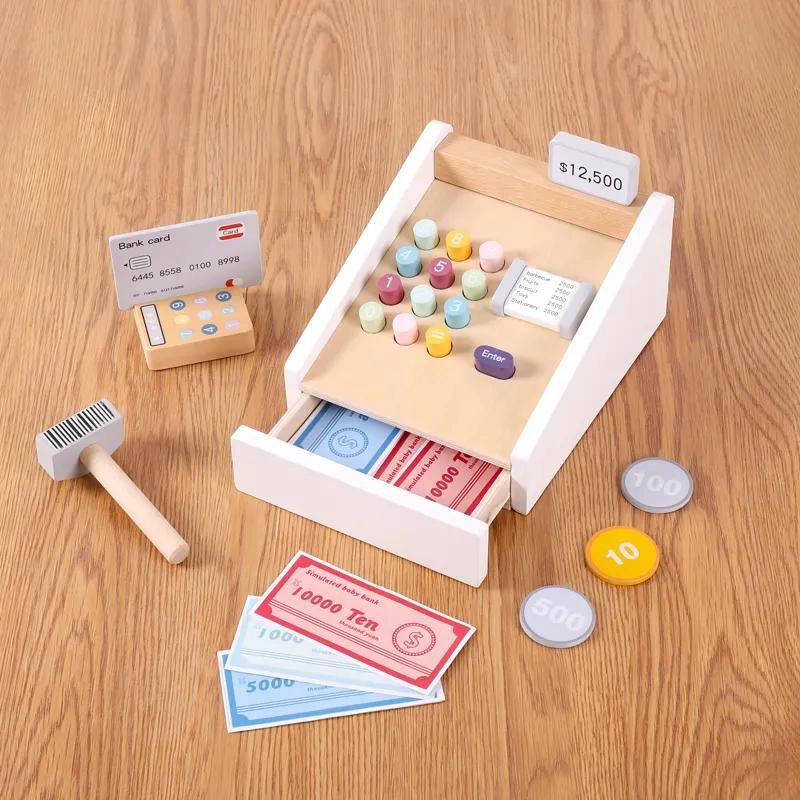 CAJA REGISTRADORA DE MADERA PARA NIÑOS CON DINERO JUGUETE EDUCATIVO - 8