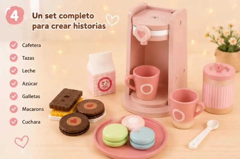 CAFETERA DE MADERA PARA JUEGO DE ROLES CON 14 PIEZAS - 8