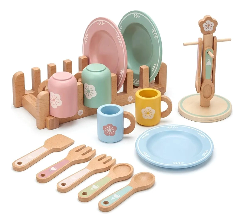 SET DE VAJILLA INFANTIL DE MADERA CON ESCURRIDOR PARA JUEGO - 1
