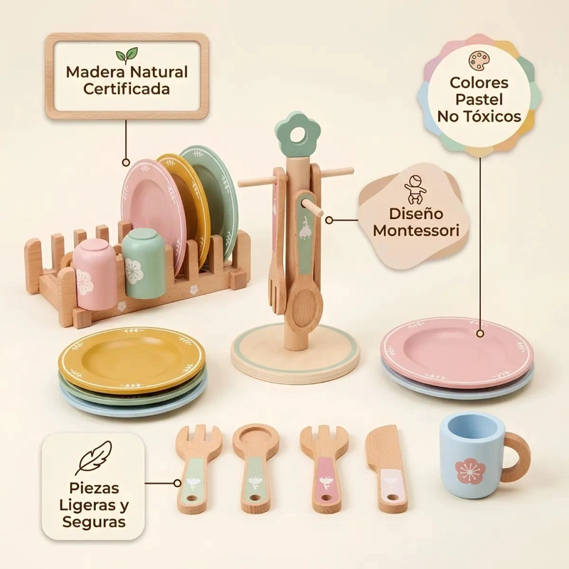 SET DE VAJILLA INFANTIL DE MADERA CON ESCURRIDOR PARA JUEGO - 2