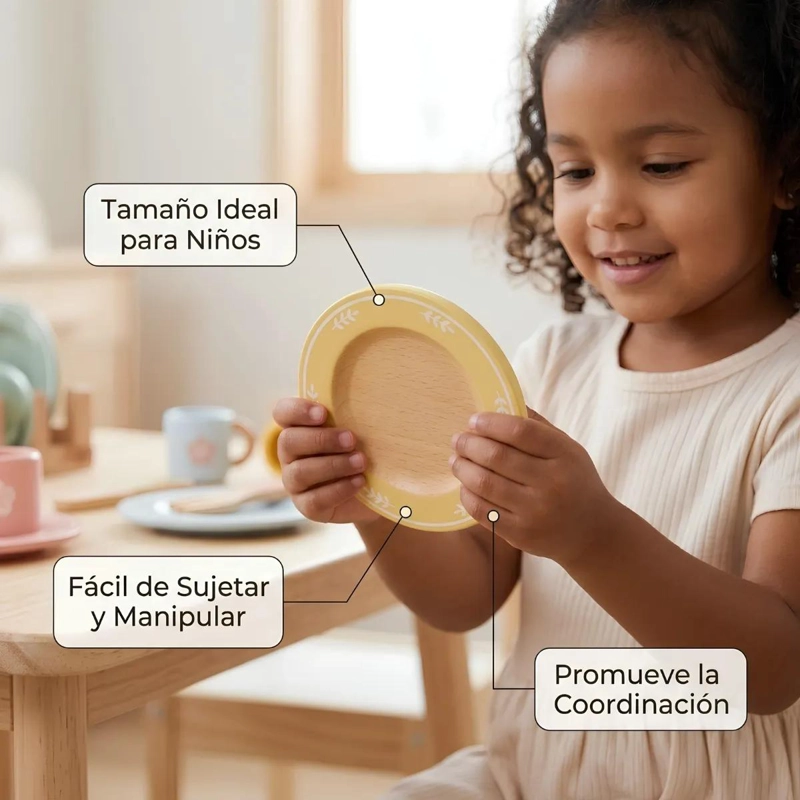 SET DE VAJILLA INFANTIL DE MADERA CON ESCURRIDOR PARA JUEGO - 3