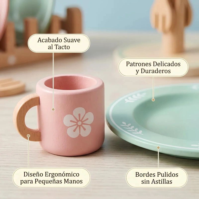 SET DE VAJILLA INFANTIL DE MADERA CON ESCURRIDOR PARA JUEGO - 4