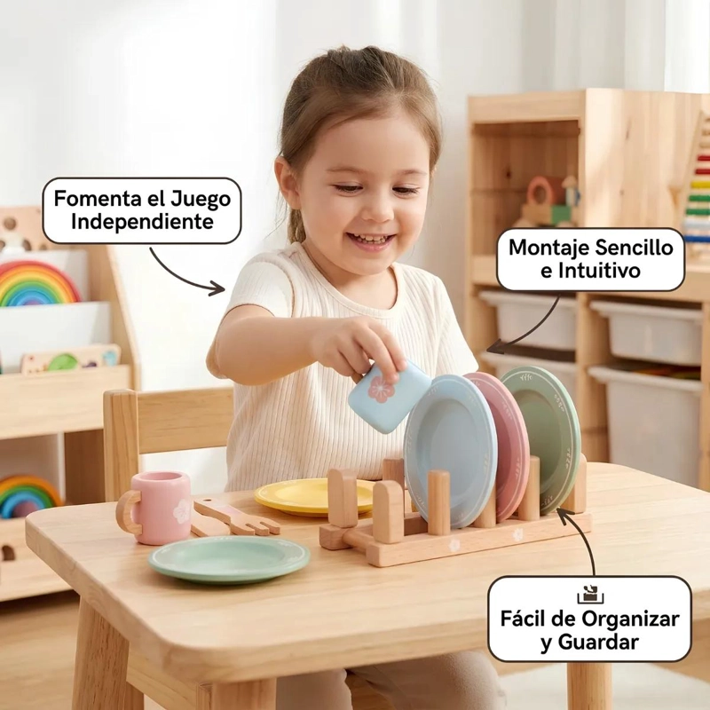 SET DE VAJILLA INFANTIL DE MADERA CON ESCURRIDOR PARA JUEGO - 5