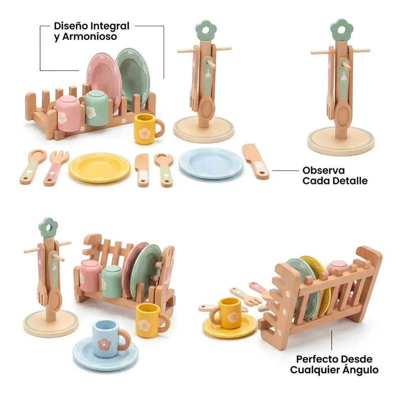 SET DE VAJILLA INFANTIL DE MADERA CON ESCURRIDOR PARA JUEGO - 7