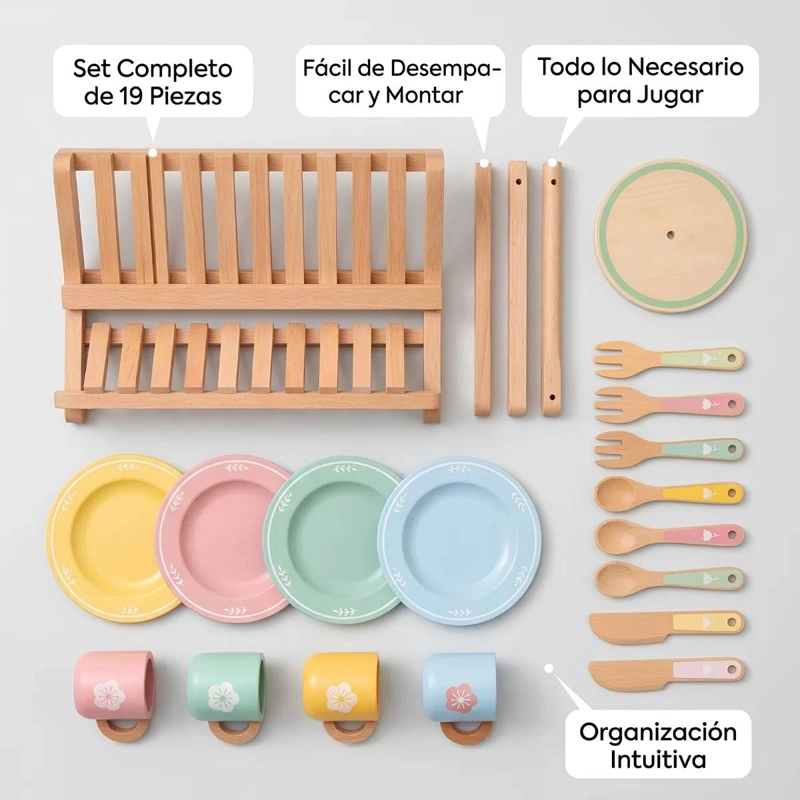 SET DE VAJILLA INFANTIL DE MADERA CON ESCURRIDOR PARA JUEGO - 8