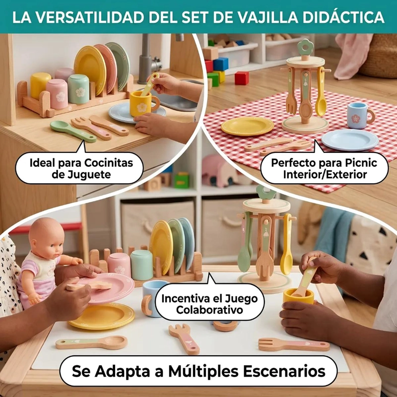 SET DE VAJILLA INFANTIL DE MADERA CON ESCURRIDOR PARA JUEGO - 9