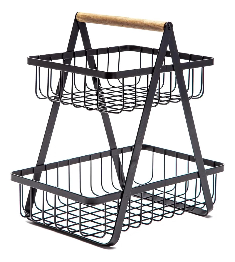 CANASTO DOBLE ORGANIZADOR DE FRUTAS Y VERDURAS EN METAL NEGRO - 1
