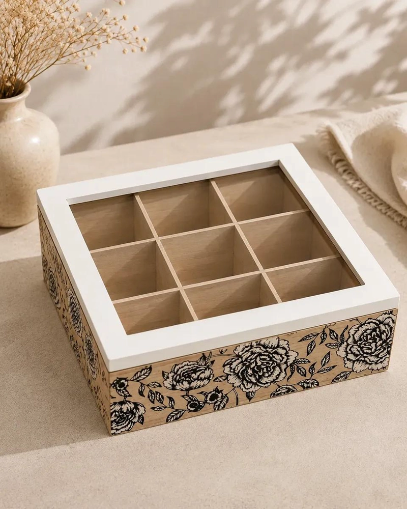 ORGANIZADOR DE MADERA PARA TE  CON TAPA Y 9 COMPARTIMIENTOS - 1