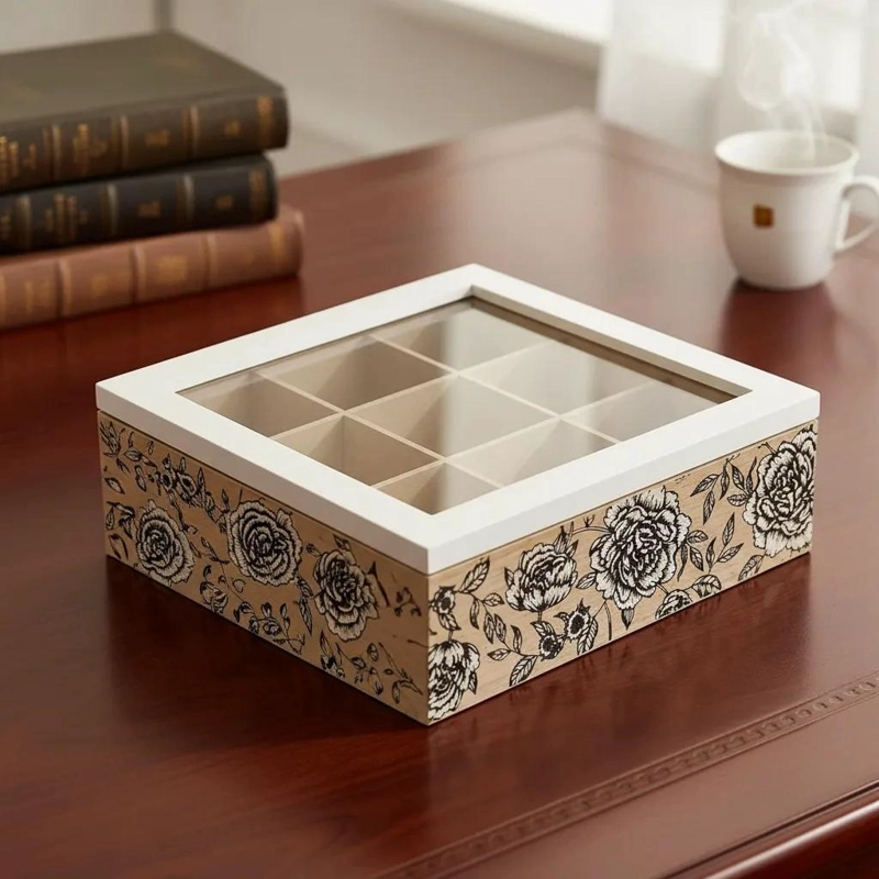 ORGANIZADOR DE MADERA PARA TE  CON TAPA Y 9 COMPARTIMIENTOS - 3
