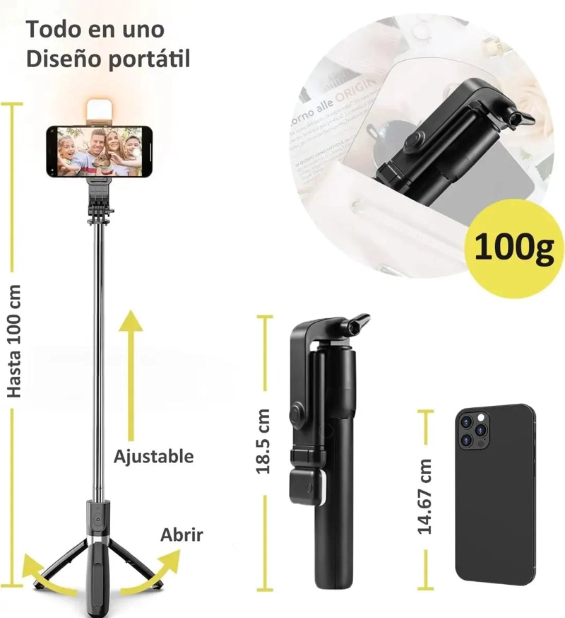 TRIPODE SELFIE AJUSTABLE CON LUZ Y CONTROL BLUETOOTH - 4
