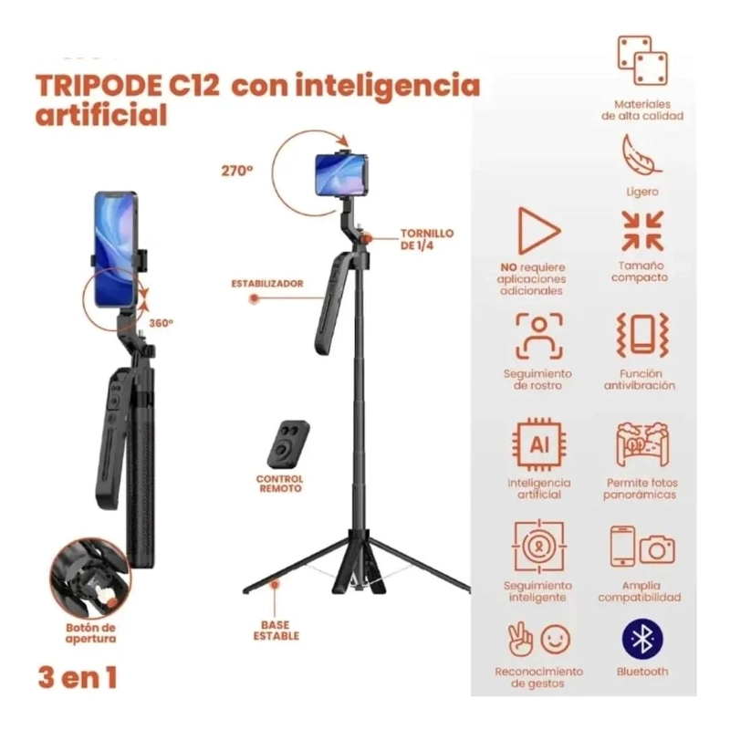 TRIPODE SELFIE INTELIGENTE CON SEGUIMIENTO FACIAL Y CONTROL REMOTO - 2