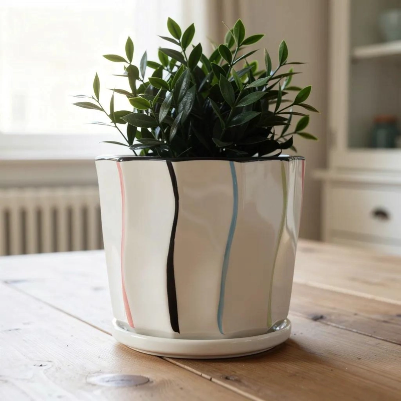 MACETERO DE CERAMICA COLORIDO CON PLATO PARA PLANTAS - 1