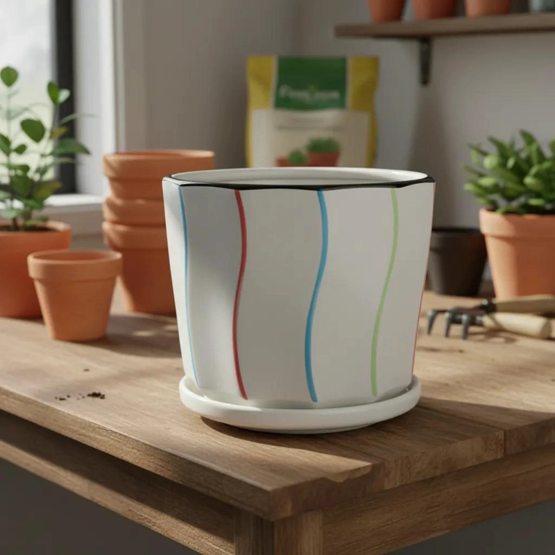 MACETERO DE CERAMICA COLORIDO CON PLATO PARA PLANTAS - 4