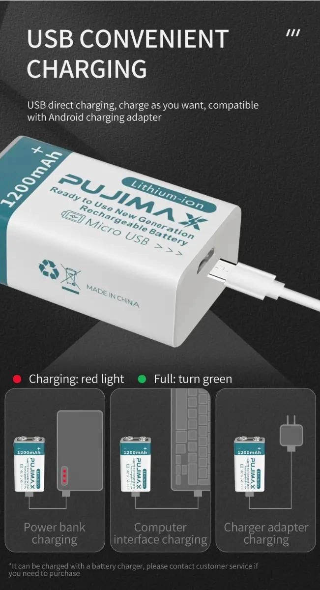 BATERIA RECARGABLE DE LITIO 9V 1200MAH PARA MULTIPLES USOS - 9