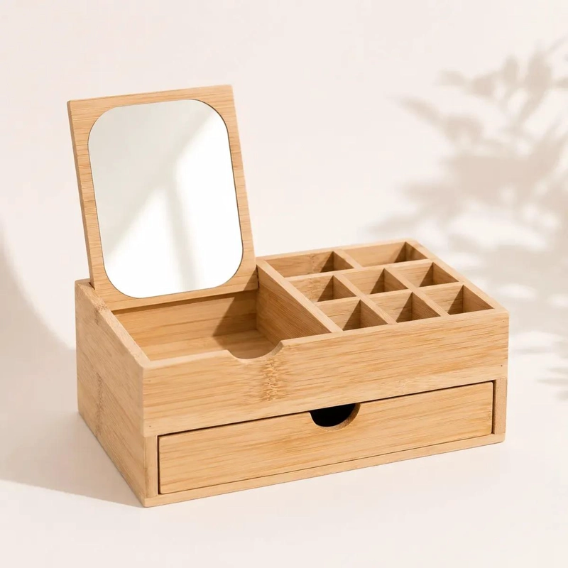ORGANIZADOR DE MAQUILLAJE CON ESPEJO DE BAMBU ELEGANTE - 1