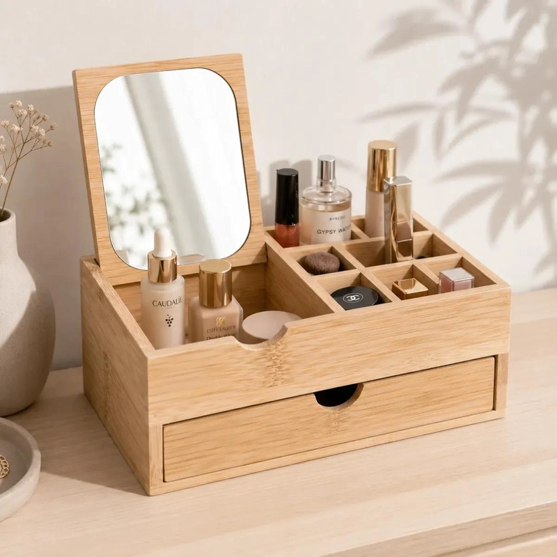 ORGANIZADOR DE MAQUILLAJE CON ESPEJO DE BAMBU ELEGANTE - 2