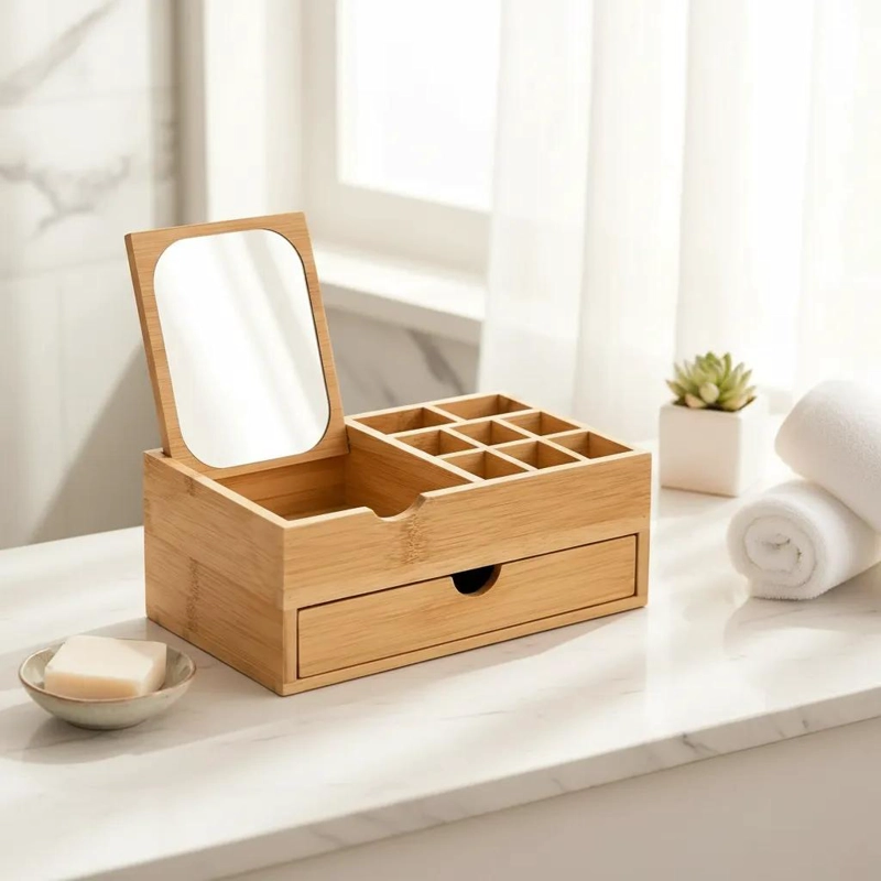 ORGANIZADOR DE MAQUILLAJE CON ESPEJO DE BAMBU ELEGANTE - 3