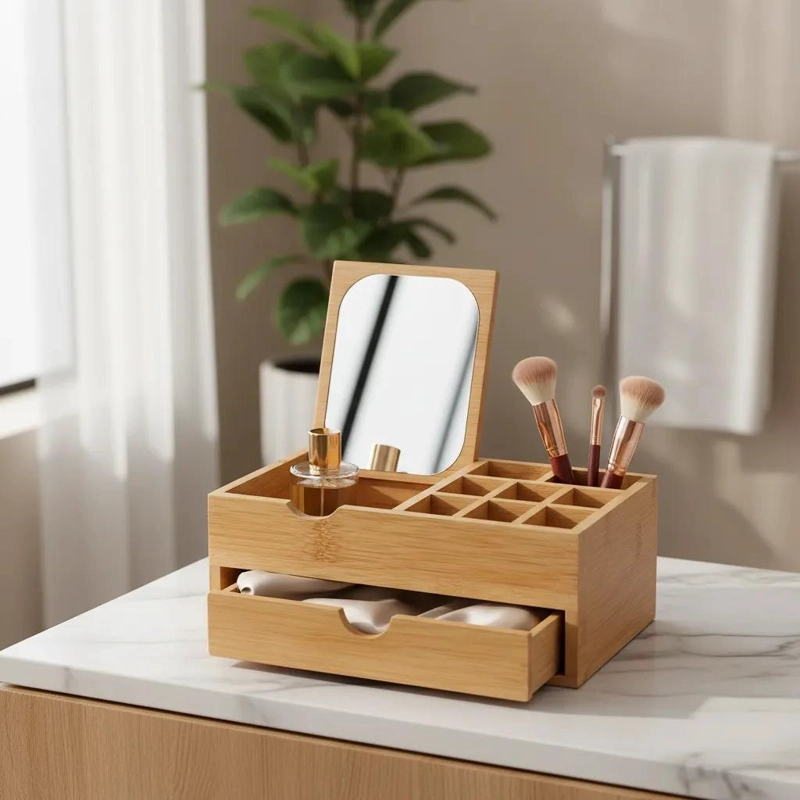 ORGANIZADOR DE MAQUILLAJE CON ESPEJO DE BAMBU ELEGANTE - 4