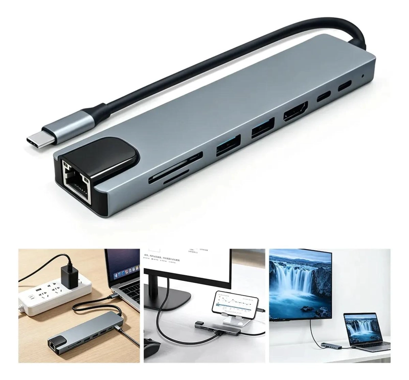 ADAPTADOR HUB USB TIPO C 8 EN 1 CON RJ45 Y HDMI - 1