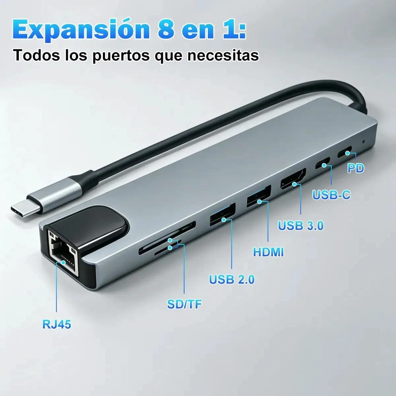 ADAPTADOR HUB USB TIPO C 8 EN 1 CON RJ45 Y HDMI - 3
