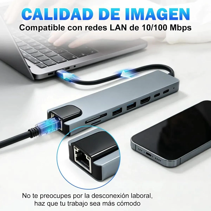 ADAPTADOR HUB USB TIPO C 8 EN 1 CON RJ45 Y HDMI - 5
