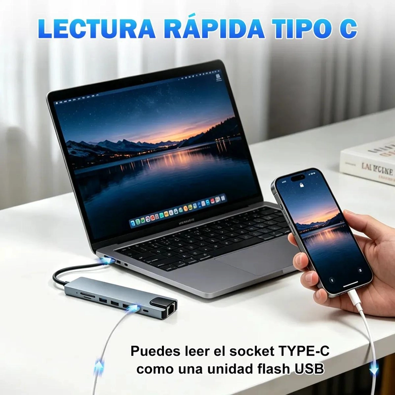 ADAPTADOR HUB USB TIPO C 8 EN 1 CON RJ45 Y HDMI - 7