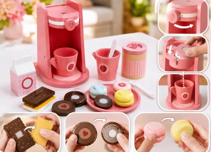 SET DE CAFETERA DE MADERA INFANTIL 14 PIEZAS CON VELCRO - 5