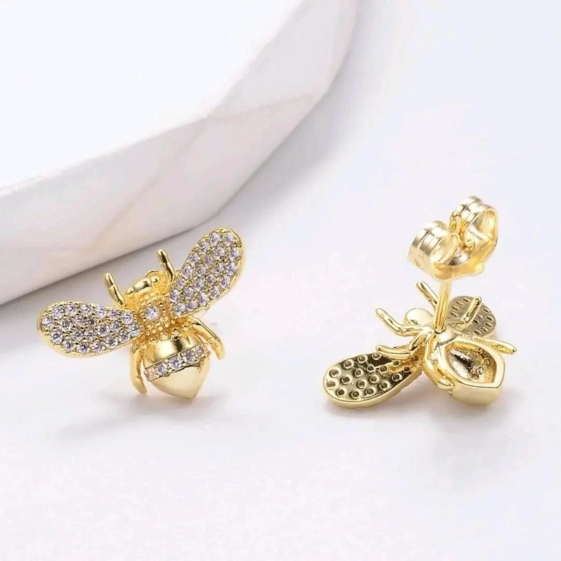 AROS ELEGANTES EN FORMA DE ABEJA CON CIRCONES EN BAÑO DE ORO - 2