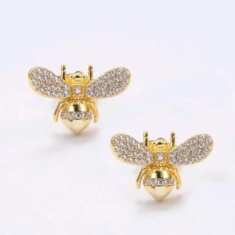 AROS ELEGANTES EN FORMA DE ABEJA CON CIRCONES EN BAÑO DE ORO - 3