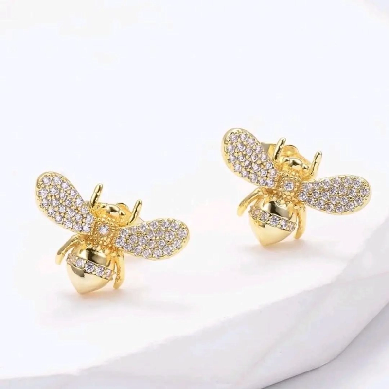 AROS ELEGANTES EN FORMA DE ABEJA CON CIRCONES EN BAÑO DE ORO - 4