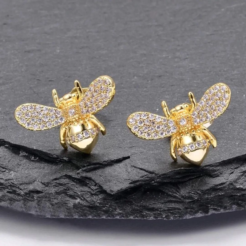 AROS ELEGANTES EN FORMA DE ABEJA CON CIRCONES EN BAÑO DE ORO - 5