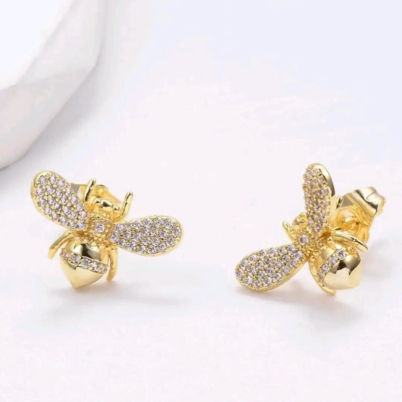 AROS ELEGANTES EN FORMA DE ABEJA CON CIRCONES EN BAÑO DE ORO - 6