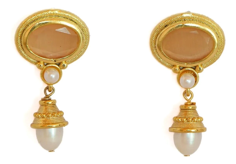 AROS DAMASCO ARTESANALES CON BAÑO DE ORO 22K Y PERLA - 1