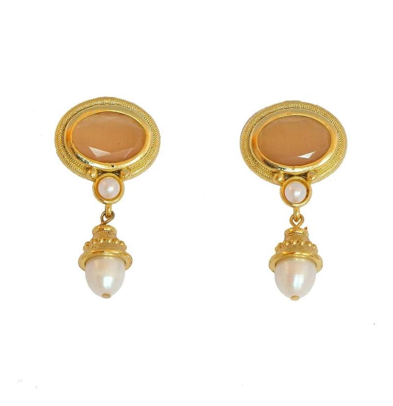 AROS DAMASCO ARTESANALES CON BAÑO DE ORO 22K Y PERLA - 3