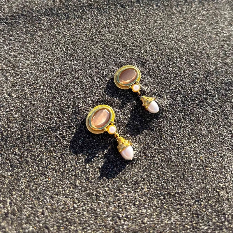AROS DAMASCO ARTESANALES CON BAÑO DE ORO 22K Y PERLA - 4