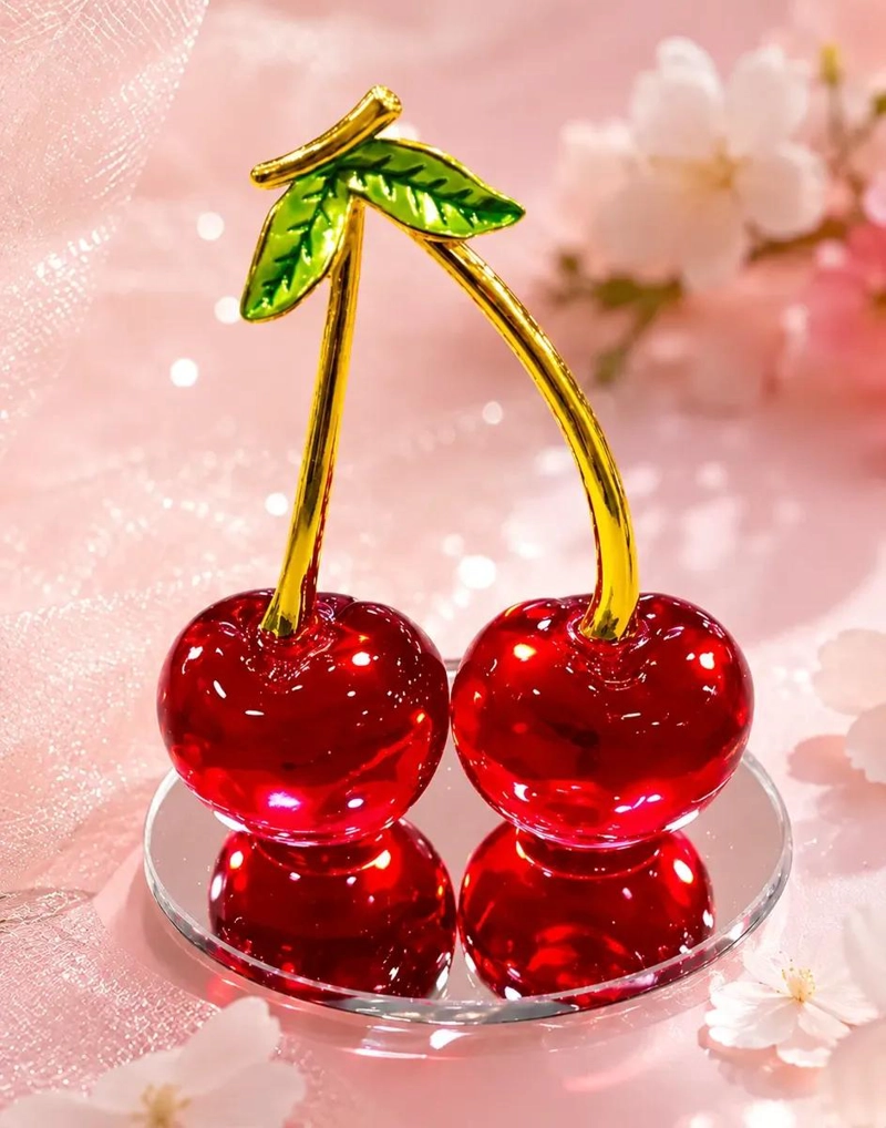 ADORNO DECORATIVO DE CEREZAS DE CRISTAL Y METAL DORADO - 2