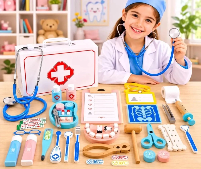 KIT ME DICO Y DENTAL DE MADERA 42 PIEZAS CON MALETIN INFANTIL - 1