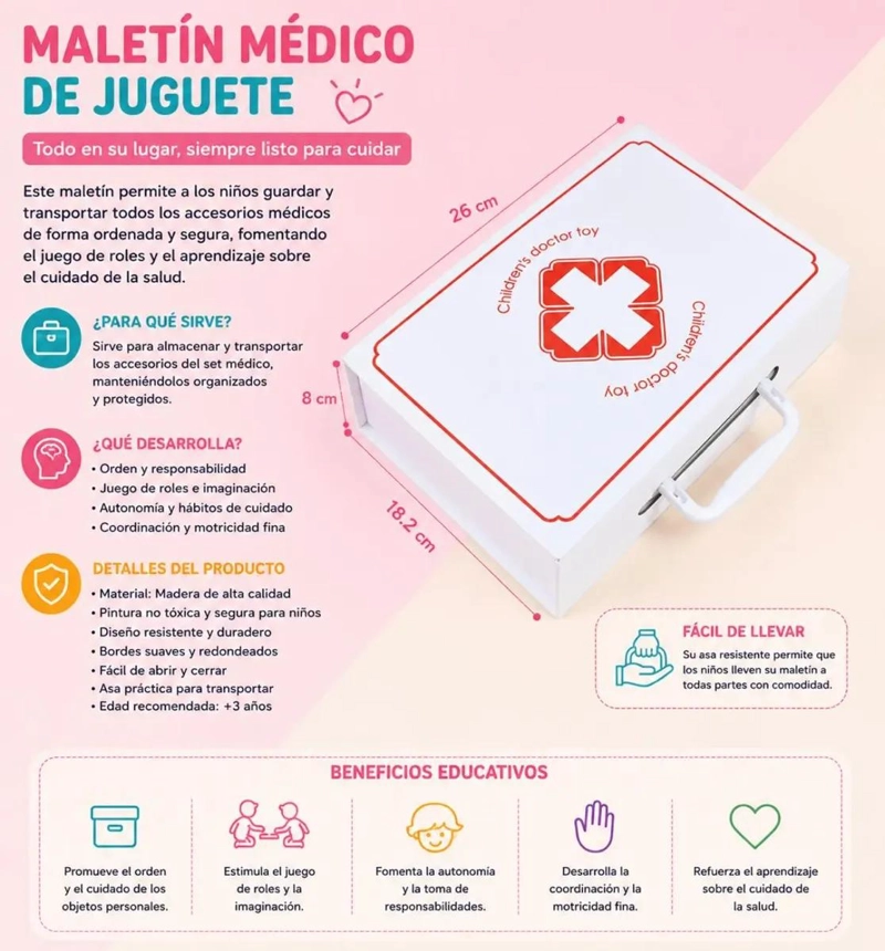 KIT ME DICO Y DENTAL DE MADERA 42 PIEZAS CON MALETIN INFANTIL - 9