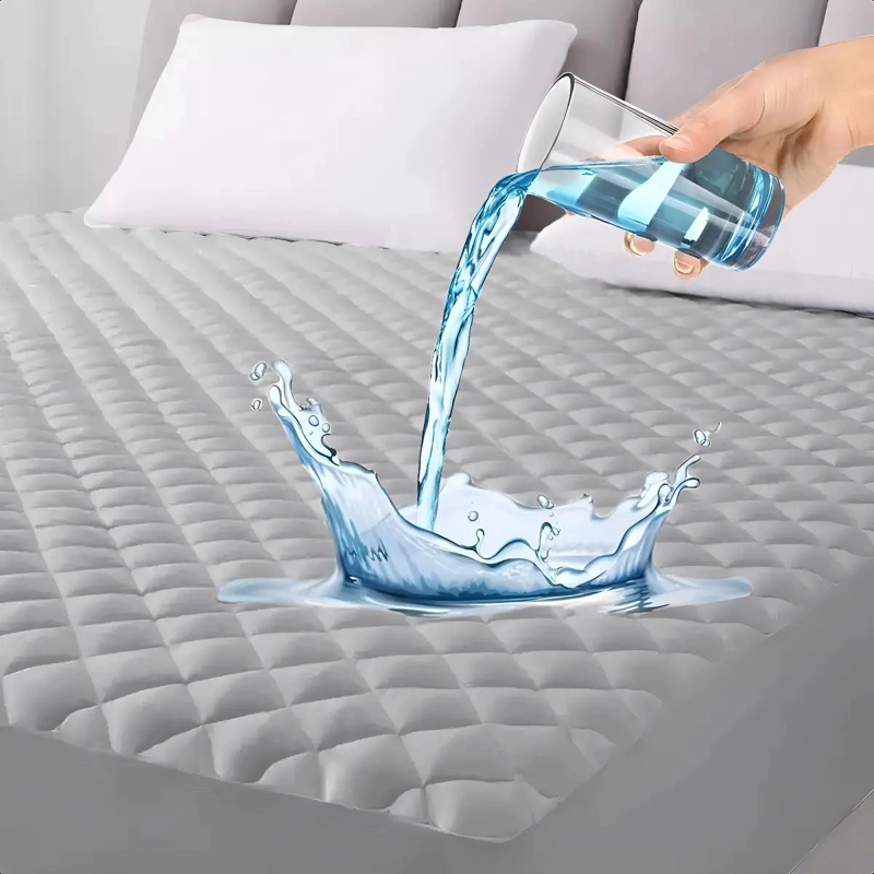 PROTECTOR DE COLCHON IMPERMEABLE 2 PLAZAS RAYAS GRIS LAVABLE - 1
