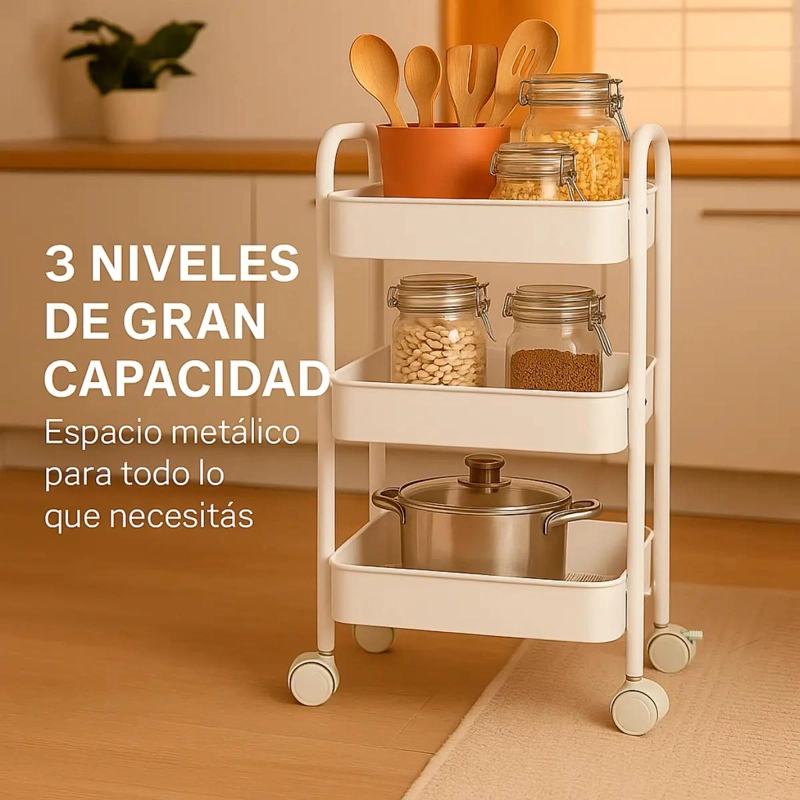 CARRO ORGANIZADOR METALICO AUXILIAR CON 3 ESTANTES Y RUEDAS - 8