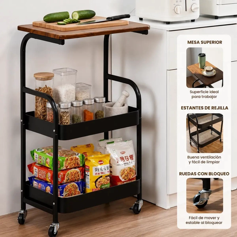 CARRITO ORGANIZADOR MULTIFUNCIONAL 3 NIVELES CON MADERA - 2