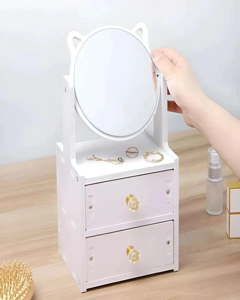 ORGANIZADOR DE MAQUILLAJE CON DISEÑO DE GATO Y ESPEJO - 3