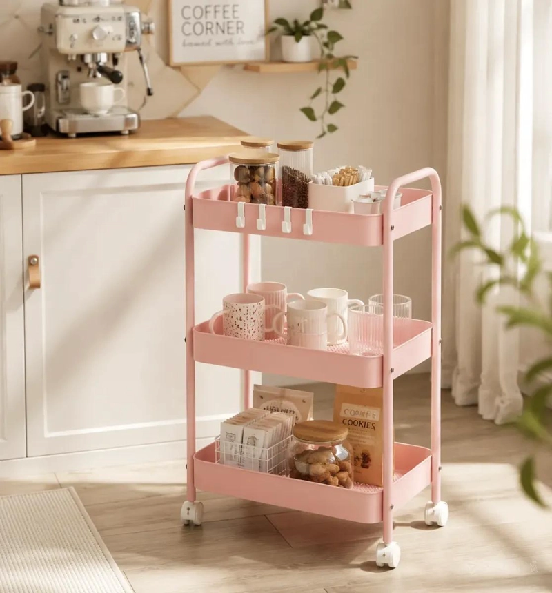 CARRITO ORGANIZADOR ROSA DE 3 NIVELES CON RUEDAS BLOQUEABLES - 1