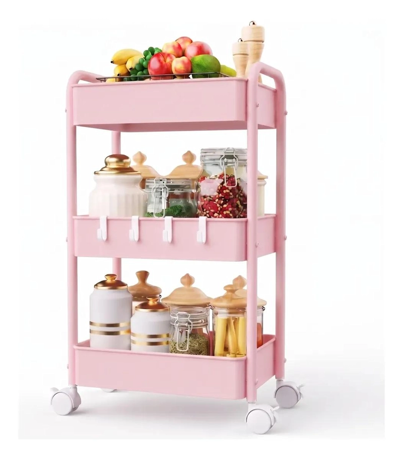 CARRITO ORGANIZADOR ROSA DE 3 NIVELES CON RUEDAS BLOQUEABLES - 10